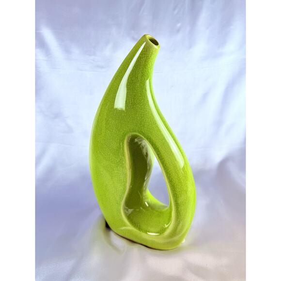 MCM Green Crackle Glaze Vase Ewer Pitcher w/Handle 12.5” Tall Vintage - Picture 2 of 10